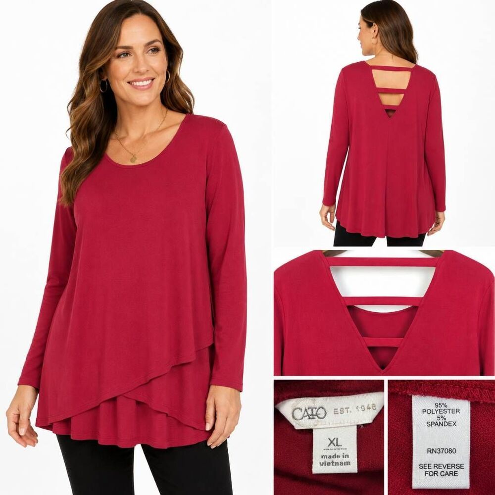 Cato XL Red Cage Back Tunic Top Long Sleeve High Low